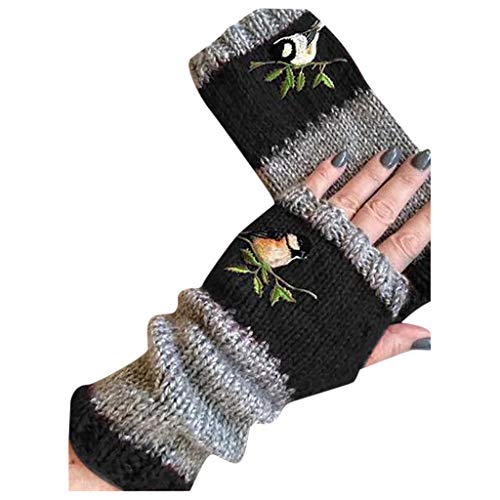 Jilagthvr Damen Fingerlose Handschuhe Winterhandschuhe Winter Warme Strickhandschuhe Armstulpen Halbfingerhandschuhe Pulswärmer Stickerei Gestrickte Handschuhe Damen (Black, One Size) von Jilagthvr