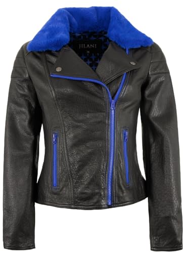 Jilani - Damen Lederjacke Bikerjacke Lammnappa schwarz/blau Größe 44 von Jilani