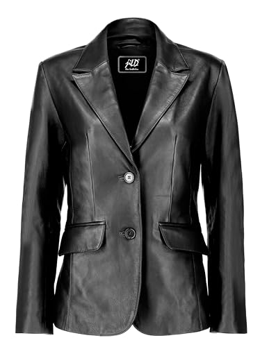 Jild Klassische 2-Knopf Lammfell Leder Blazer Frauen - Casual Mantel Lange Ärmel Anzug Stil Lederjacke Frauen, Schwarz, XL von Jild