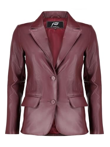 Jild Klassischer 2-Knopf-Lammfell-Lederblazer für Damen – lässiger Mantel, lange Ärmel, Anzug-Stil, Lederjacke für Damen, Burgunderrot, 3XL von Jild