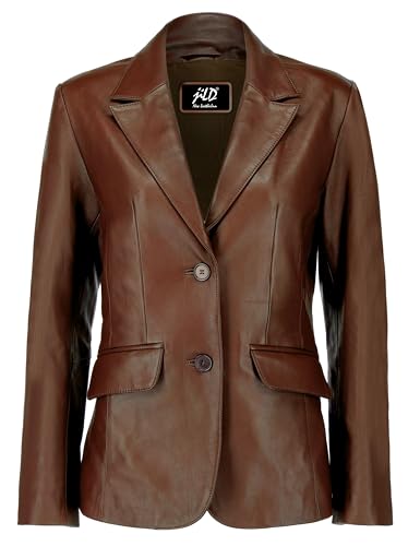 Jild Klassischer 2-Knopf-Lammleder-Blazer Damen - lässige lange Ärmel Mantelstil Echtleder Blazer Jacke für Frauen, braun, X-Large von Jild