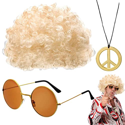 Afro Perücke Sonnenbrille, Hippie Kostüm Set Afro Perücke Sonnenbrille Halskette, Afro Perücke Sonnenbrille Halskette Für 50/60/70er Mottoparty, Halloween Kostüme Für Herren von Jildouf