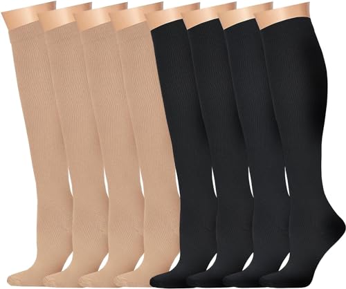 Jileson 8 Paar Kompressionsstrümpfe für Damen und Herren(15-20 mmHg),Stützstrümpfe Kompressionssocken für Krankenschwestern (DE/NL/SE/PL, Alphanumerisch, L, XL, Regular, Regular, schwarz und nackt) von Jileson