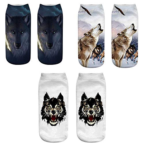 Jilibaba Baumwolle Casual Socken 3 Paar 3D Mode Unisex Kurze Socken Wolf Kopf Niedrig Knöchel Sox Stil D von Jilibaba