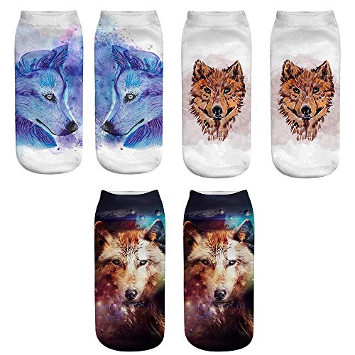 Jilibaba Baumwolle Casual Socken 3 Paar 3D Mode Unisex Kurze Socken Wolf Kopf Niedrig Knöchel Sox Stil E von Jilibaba