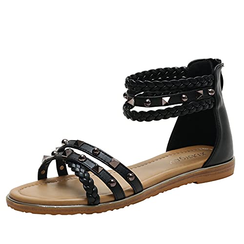 Jilibaba Damen-Sandalen, niedriger Keilabsatz, offene Zehen, flache Sandalen mit Nieten von Jilibaba