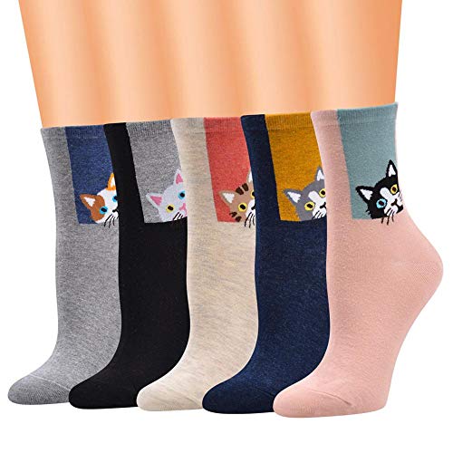 Jilibaba Socken mit Katzenmotiv, Baumwolle, bequem, bunt, kreativ, für Damen und Mädchen, 6 Paar von Jilibaba