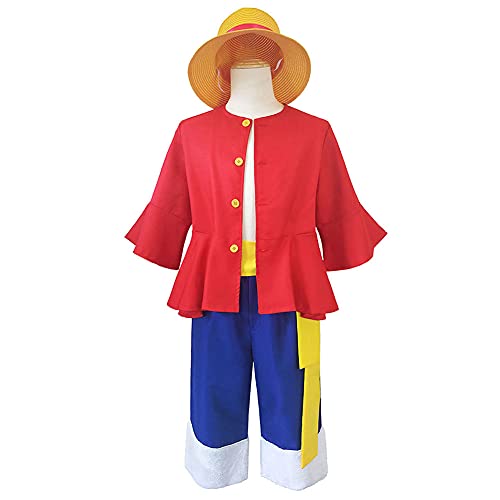 Jilijia Monkey D. Luffy Cosplay Kostüm Full Set, Anime Uniform Halloween Karneval Cosplay Affe D. Luffy Shirt und Hose mit Strohhut für Erwachsene von Jilijia