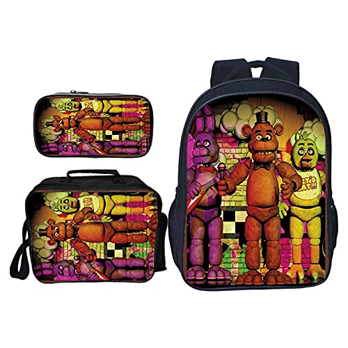 Jilijia Five Nights Game FNAF Rucksack, 3-teiliges Set, inklusive Lunchbag, Schultasche und Federmäppchen für Kinder, Jungen, Mädchen, Teenager, B, 40*30*16cm, Modern von Jilijia