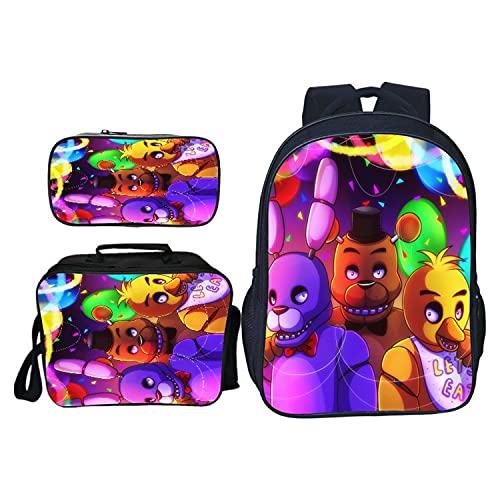 Jilijia Five Nights Game FNAF Rucksack, 3-teiliges Set, inklusive Lunchbag, Schultasche und Federmäppchen für Kinder, Jungen, Mädchen, Teenager, C, 40*30*16cm von Jilijia