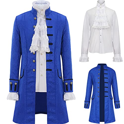 Herren Steampunk Renaissance Uniform Set Trenchcoat Viktorianische Edwardianische Vintage Jacke Frock Pirat Vampir Cosplay Kostüm Outfits, blau, XL von Jilijia
