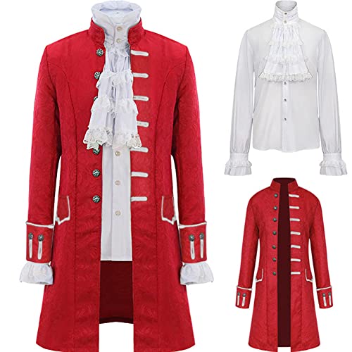 Herren Steampunk Renaissance Uniform Set Trenchcoat Viktorianische Edwardianische Vintage Jacke Frock Pirat Vampir Cosplay Kostüm Outfits, rot, M von Jilijia