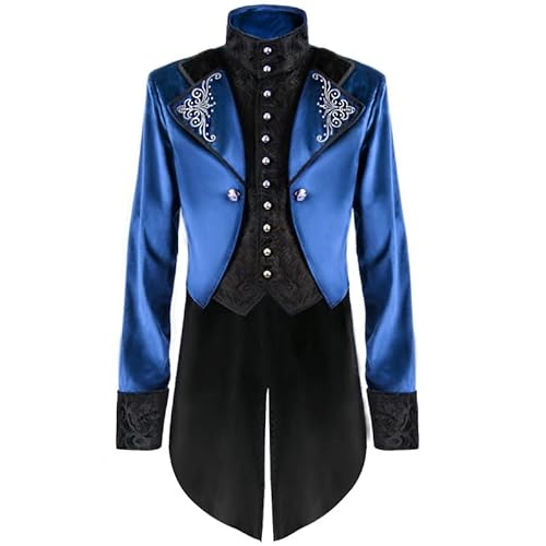 Herren Vintage Frack Jacke Mittelalter Steampunk Viktorianische Stickerei Mantel Halloween Karneval Renaissance Gentleman Cosplay Kostüm, blau, XXXL von Jilijia