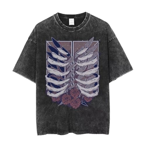Jilijia Anime Eren Jaeger Washed Retro T-Shirt Eren Jaeger Cosplay Street Oversized Kurzarm T-Shirt Sommer Casual T-Shirt Top, Typ 3, XL von Jilijia