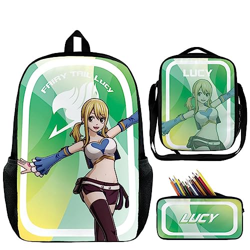 Jilijia Anime Fairy Tail Rucksack 3-teiliges Schulranzen-Set Anime Bedruckter Mode Rucksack Umhängetasche Federmäppchen für Schüler Kinder Teenager, Lucy Heartfilia, 45×33×14 cm, Schulranzen-Set von Jilijia