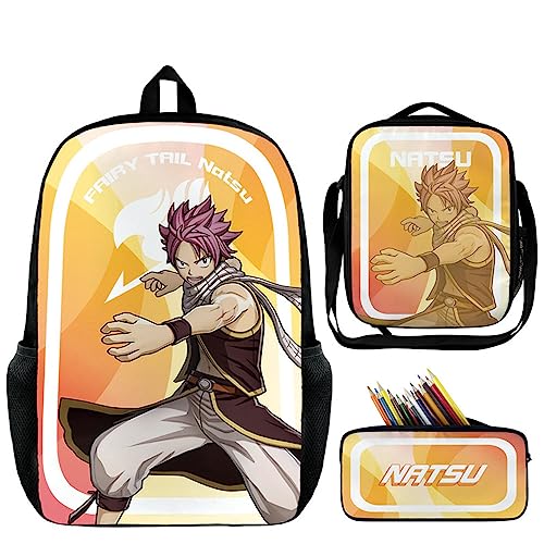 Jilijia Anime Fairy Tail Rucksack 3-teiliges Schulranzen-Set Anime Bedruckter Mode Rucksack Umhängetasche Federmäppchen für Schüler Kinder Teenager, Natsu Dragneel, 45×33×14 cm, Schulranzen-Set von Jilijia