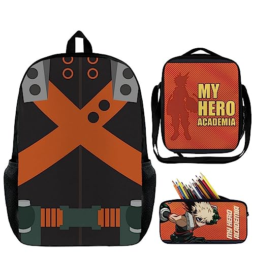 Jilijia Anime My Hero Academia Rucksack 3-teiliges Schulranzen-Set MHA Bedruckter modischer Rucksack Umhängetasche Federmäppchen für Schüler Kinder Teenager, Bakugou Katsuki, 45×33×14 cm, von Jilijia