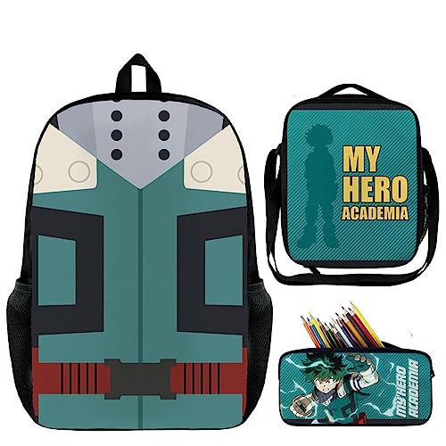 Jilijia Anime My Hero Academia Rucksack 3-teiliges Schulranzen-Set MHA Bedruckter modischer Rucksack Umhängetasche Federmäppchen für Schüler Kinder Teenager, Midoriya Izuku, 45×33×14 cm, von Jilijia