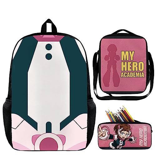 Jilijia Anime My Hero Academia Rucksack 3-teiliges Schulranzen-Set MHA Bedruckter modischer Rucksack Umhängetasche Federmäppchen für Schüler Kinder Teenager, Uraraka Ochako, 45×33×14 cm, von Jilijia