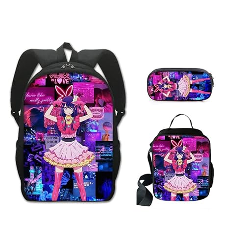 Jilijia Anime Oshi No Ko Rucksack 3-teiliges Schulranzen-Set Cartoon Gedruckt Mode Rucksack Mittagessen Tasche Federmäppchen für Jungen und Mädchen Weihnachten Geburtstag Geschenke, Typ 1, von Jilijia