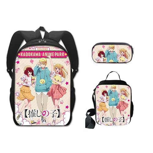 Jilijia Anime Oshi No Ko Rucksack 3-teiliges Schulranzen-Set Cartoon Gedruckt Mode Rucksack Mittagessen Tasche Federmäppchen für Jungen und Mädchen Weihnachten Geburtstag Geschenke, Typ 11, von Jilijia