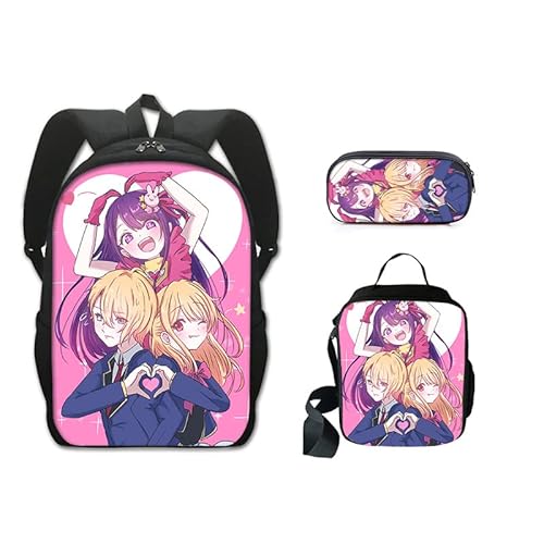 Jilijia Anime Oshi No Ko Rucksack 3-teiliges Schulranzen-Set Cartoon Gedruckt Mode Rucksack Mittagessen Tasche Federmäppchen für Jungen und Mädchen Weihnachten Geburtstag Geschenke, Typ 13, von Jilijia