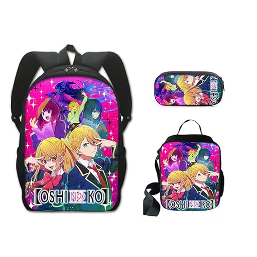 Jilijia Anime Oshi No Ko Rucksack 3-teiliges Schulranzen-Set Cartoon Gedruckt Mode Rucksack Mittagessen Tasche Federmäppchen für Jungen und Mädchen Weihnachten Geburtstag Geschenke, Typ 4, von Jilijia