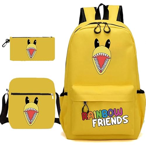 Jilijia Bunte Monster Cyan Look Rot Rucksack, Anime Spiel Peripherie Daypack Schultertasche Drei Stück Student Büchertasche Lunchbag Stifttasche 3-teiliges Set, gelb, 45*32CM von Jilijia