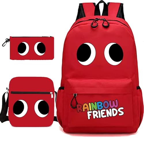 Jilijia Bunte Monster Cyan Look Rot Rucksack, Anime Spiel Peripherie Daypack Schultertasche Drei Stück Student Büchertasche Lunchbag Stifttasche 3-teiliges Set, rot, 45*32CM von Jilijia