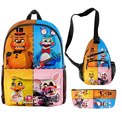 Jilijia FNAF Rucksack 3-teilig Five Nights Game Schulranzen 3D gedruckt Schultertasche Federtasche für Jungen und Mädchen Weihnachten Geburtstag Geschenke von Jilijia