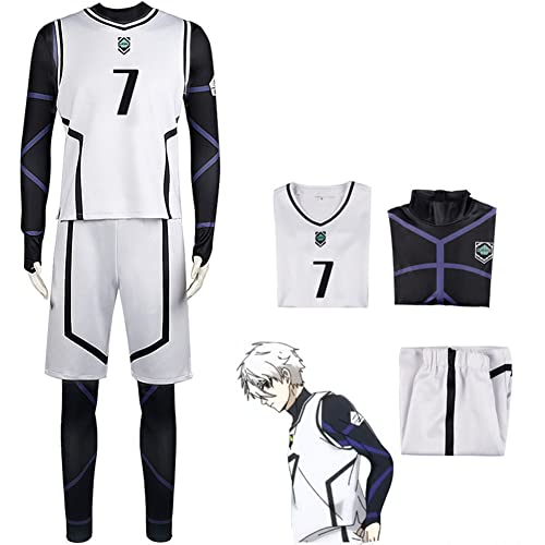 Jilijia Isagi Yoichi Anime Blue Lock Cosplay Kostüm Fußball Fußball Training Uniform Komplettes Set Halloween Weihnachten Dress Up Sportbekleidung Anzug für Aldult Kinder, Weiß Nr. 7, M von Jilijia