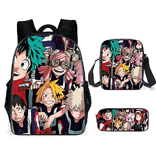 Jilijia My Hero Academia Rucksack Schulranzen 3-teiliges Set Anime Schultasche mit Lunchtasche und Schreibwaren Taschen Casual Daypack Büchertasche Computertasche Geschenk für Anime Fans von Jilijia