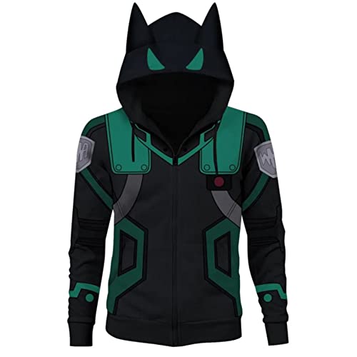 Jilijia My Hero Academia Zip Up Hoodie Midoriya Izuku Sweatshirt MHA Pullover Sweatshirt Anime Cosplay Kostüm für Unisex Party, Schwarz , XL von Jilijia
