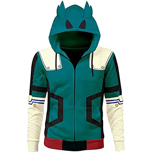 Jilijia My Hero Academia Zip Up Hoodie Midoriya Izuku Sweatshirt MHA Pullover Sweatshirt Anime Cosplay Kostüm für Unisex Party, grün, 4X-Large von Jilijia