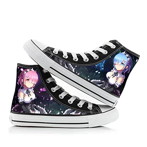 Jilijia Re Zero Canvas Schuhe Ram/Rem Hi-Top Turnschuhe Unisex Anime Druck Paar Freizeitschuhe Schnürung Outdoor Turnschuhe Student Sportschuhe von Jilijia