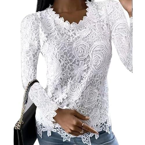 Damen Herbst Langarm Blusen Pullover Top Elegante Nähte Spitze Rundhals Einfarbig Casual Slim Fit Shirts Frauen Langarm Top Casual von Jilin