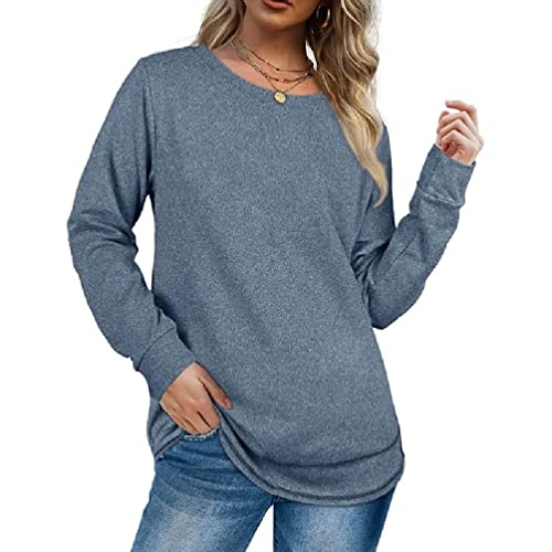 Damen Herbst Langarm Pullover Tunika Top T-Shirts Einfarbig Rundhalsausschnitt Casual Lose Side Split Curved Hem Sweatshirts Frauen T-Shirts Loose Fit Lang von Jilin