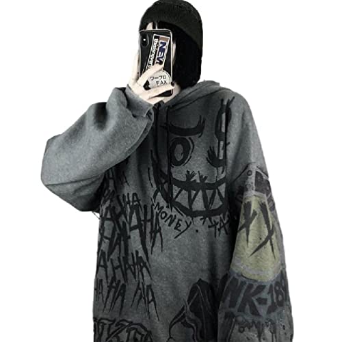 Jilin Damen Graffiti Hoodies Oversized Lose Pullover Top Gothic Punk Smile Face Printed Hip-Hop Street Langarm Sweatshirt Kordelzug Hoodies von Jilin