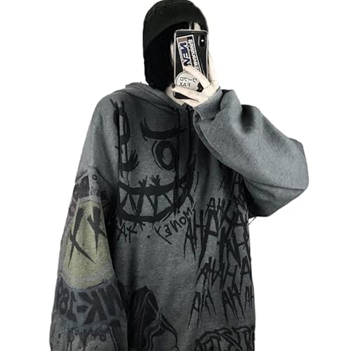 Jilin Damen Graffiti Hoodies Oversized Lose Pullover Top Gothic Punk Smile Face Printed Hip-Hop Street Langarm Sweatshirt Kordelzug Hoodies von Jilin