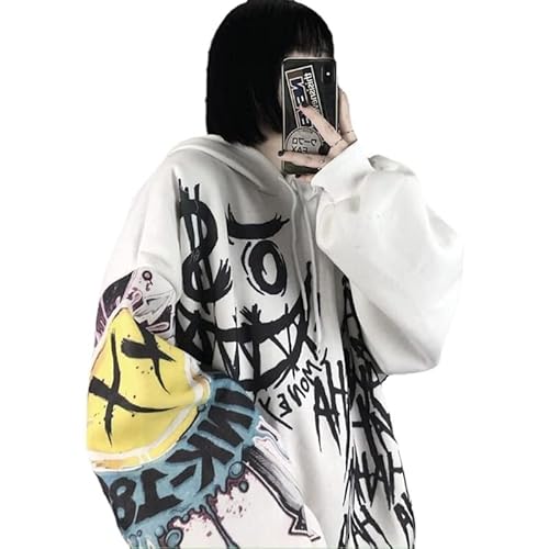 Jilin Damen Graffiti Hoodies Oversized Lose Pullover Top Gothic Punk Smile Face Printed Hip-Hop Street Langarm Sweatshirt Kordelzug Hoodies von Jilin