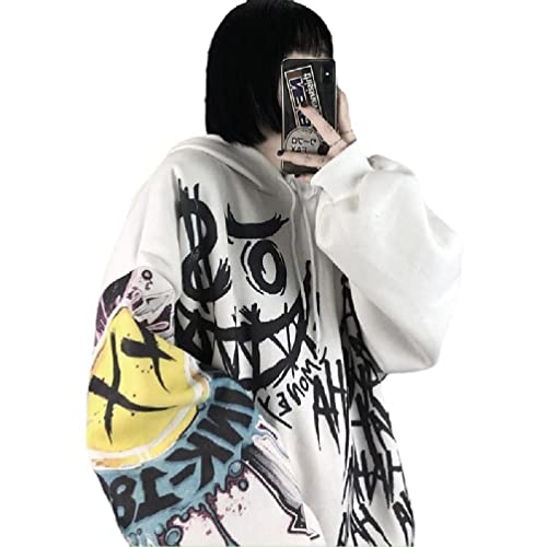 Jilin Damen Graffiti Hoodies Oversized Lose Pullover Top Gothic Punk Smile Face Printed Hip-Hop Street Langarm Sweatshirt Kordelzug Hoodies von Jilin