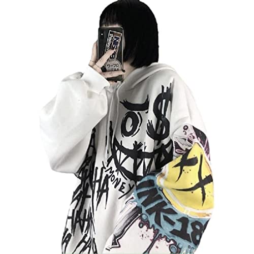 Jilin Damen Graffiti Hoodies Oversized Lose Pullover Top Gothic Punk Smile Face Printed Hip-Hop Street Langarm Sweatshirt Kordelzug Hoodies von Jilin