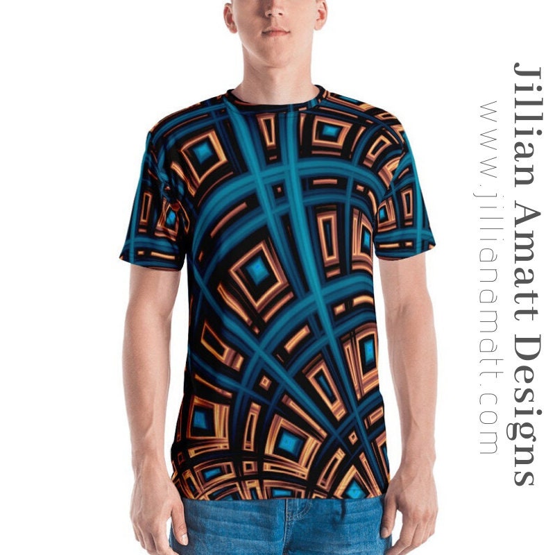 Männer Trippy Geometric T-Shirt Kupfer Blau Schwarz Raver Style von JillianAmattDesigns