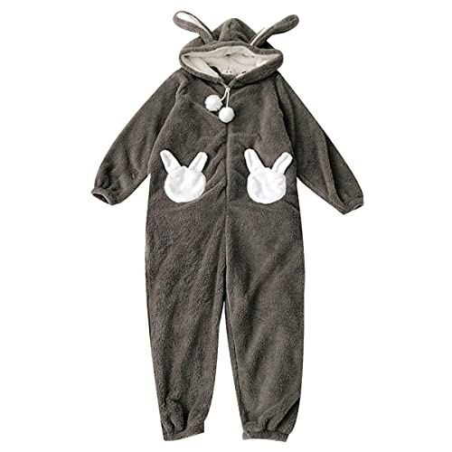 Jilneed Niedliche Hasenohren, Einteiler, Schlafanzug für Damen, Erwachsene, Tier, Kaninchen, Halloween, Cosplay, Reißverschluss, Fleece, gemütlich, einteiliges Kostüm, GRAU, M von Jilneed