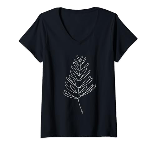 Damen Einzeilige Kunstzeichnung, Kiefernnadel T-Shirt mit V-Ausschnitt von Jimbeels