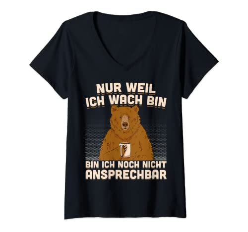 Damen Freche Morgenmuffel Braunbär mit Kaffee Bären Sprüche Bär T-Shirt mit V-Ausschnitt von Jimbeels