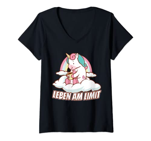 Damen Leben am Limit Kaffee Koffein Einhorn Sprüche Mädchen T-Shirt mit V-Ausschnitt von Jimbeels