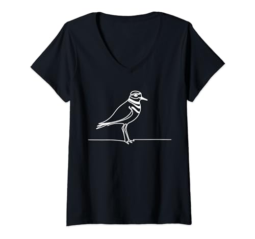 Damen Line Art Vogelornithologe Killdeer T-Shirt mit V-Ausschnitt von Jimbeels