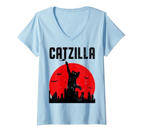 Damen Lustiger Catzilla Katze Spruch Vintage für Mädchen & Frauen Kätzchen T-Shirt mit V-Ausschnitt von Jimbeels