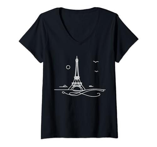 Damen One Line Art Drawing Eiffelturm T-Shirt mit V-Ausschnitt von Jimbeels